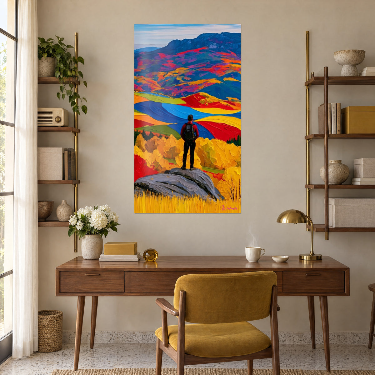 Schilderij ontdekkingsreiziger aan de voet van een paarse berg, gouden bomen en okerkleurige weide in dik impasto, opgehangen boven een houten bureau