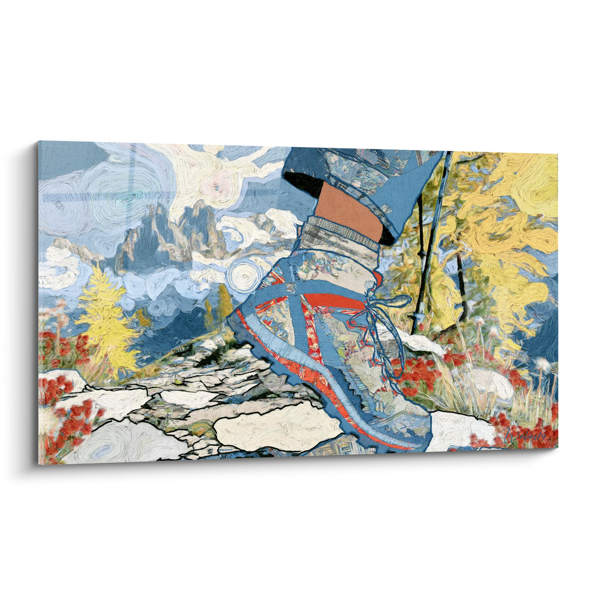 Chaussure de randonnée bleue et orange sur roche blanche, style tourbillonnant, montagne en fond