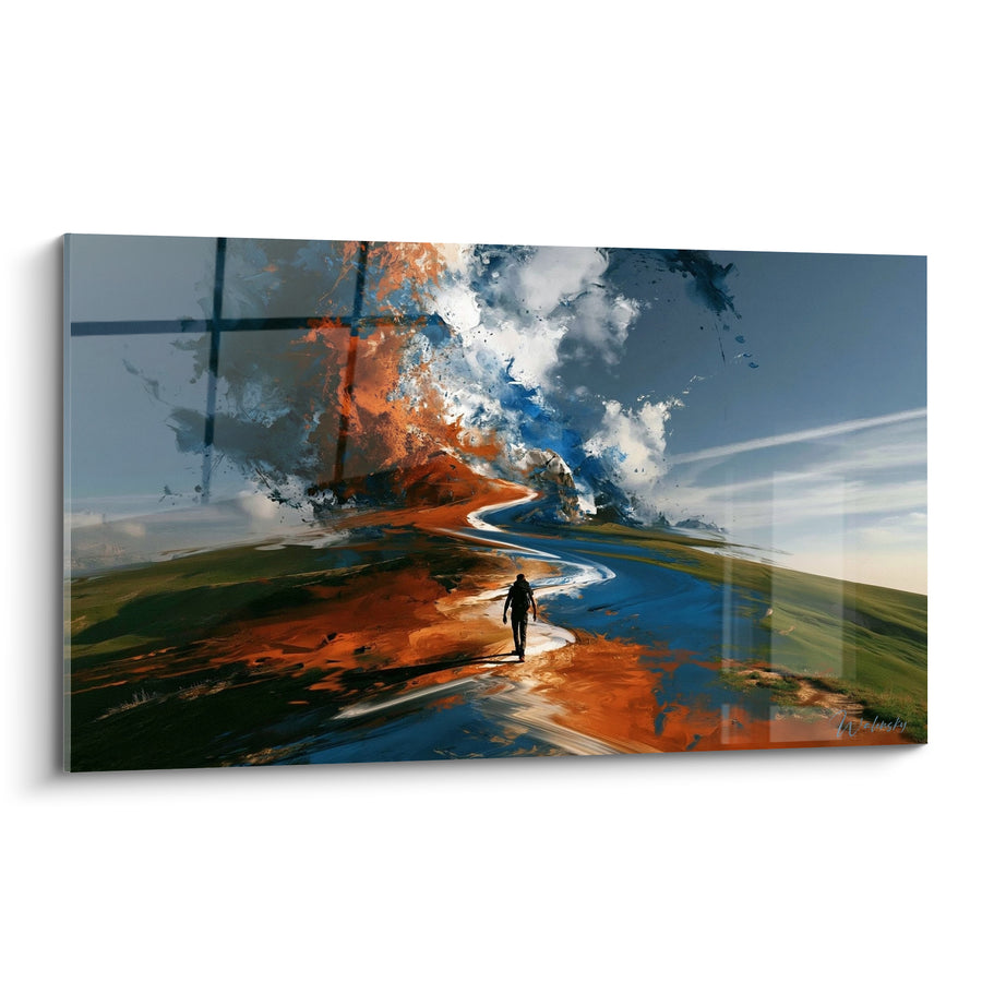 Tableau Randonneur sentier orange et bleu tourbillonnant - Silhouette sur colline verte - Edition Randonnée
