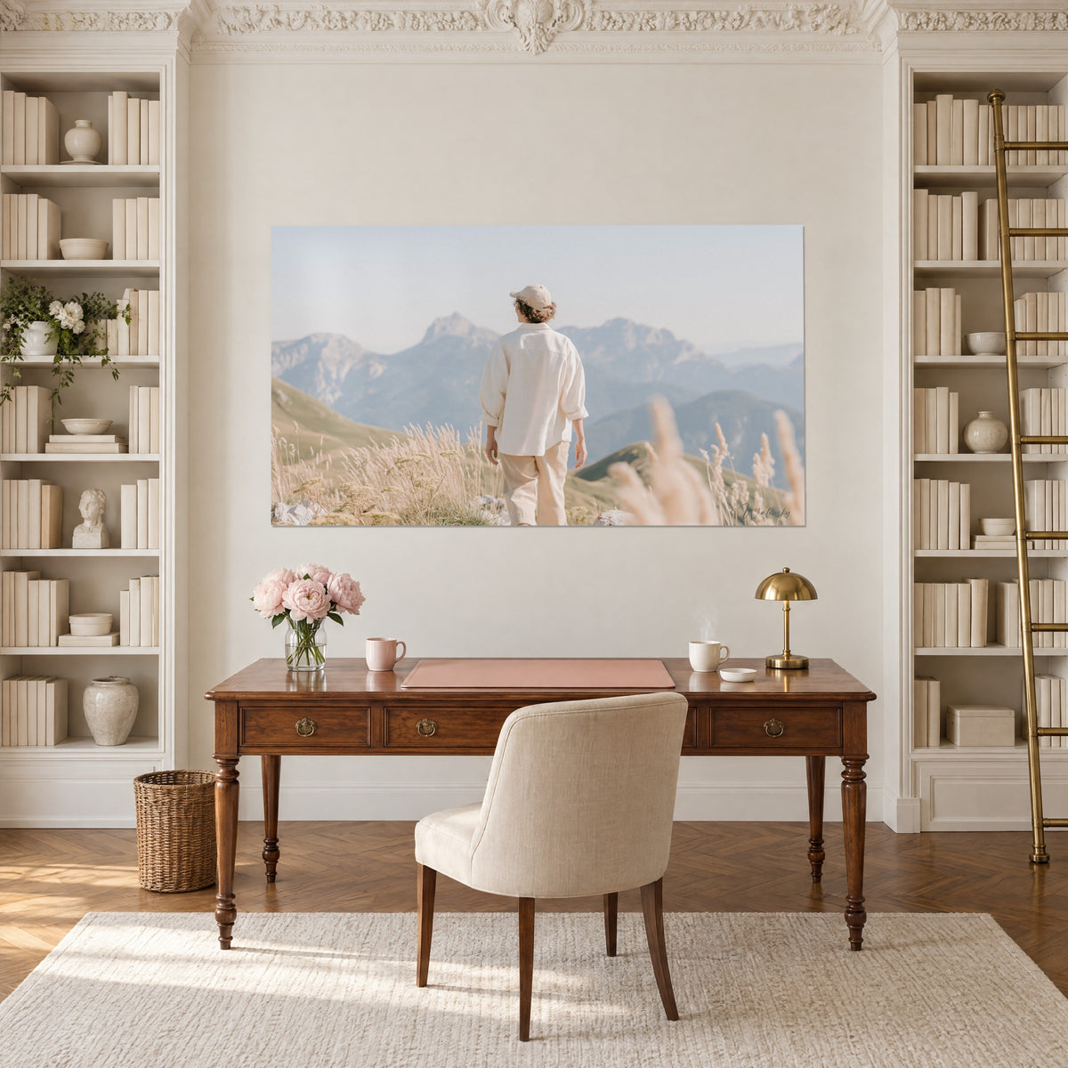 Schilderij van een bergbeklimmer in crèmekleurige broek boven blauwige pieken, hoog roze-beige gras, houten bureau en witte boekenkast