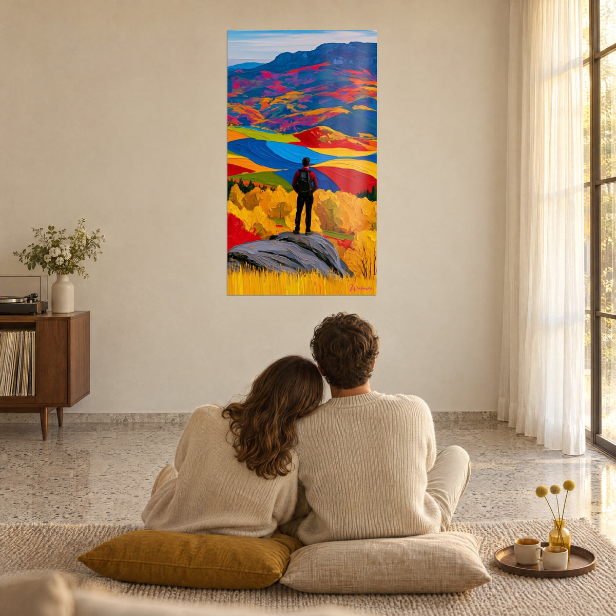 Schilderij herfstpad en wandelaar op grijs gesteente, paarse heuvels en vlammend oranje, in een woonkamer met een koppel op een kussen