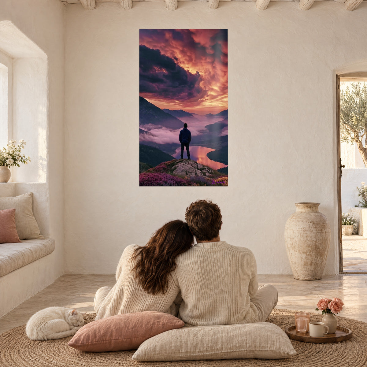 Schilderij bergcontemplator in nachtblauw, roze rivier in de vallei, koppel van achteren en een kat op vloerkussens