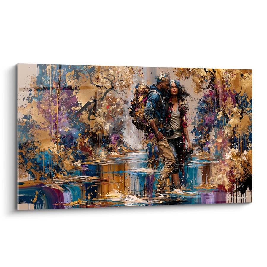 Tableau Randonneurs dorés en forêt bleutée - Complicité sur le sentier - Edition Randonnée
