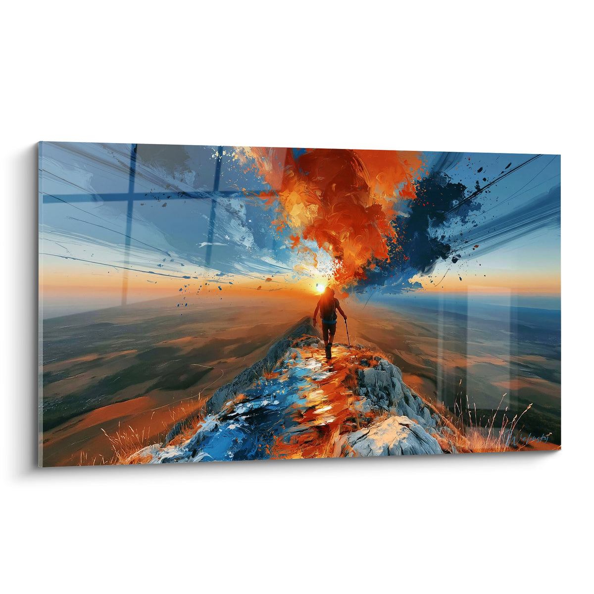 Randonneur solitaire sur crête, ciel orange et bleu marine en explosion, style pictural expressif