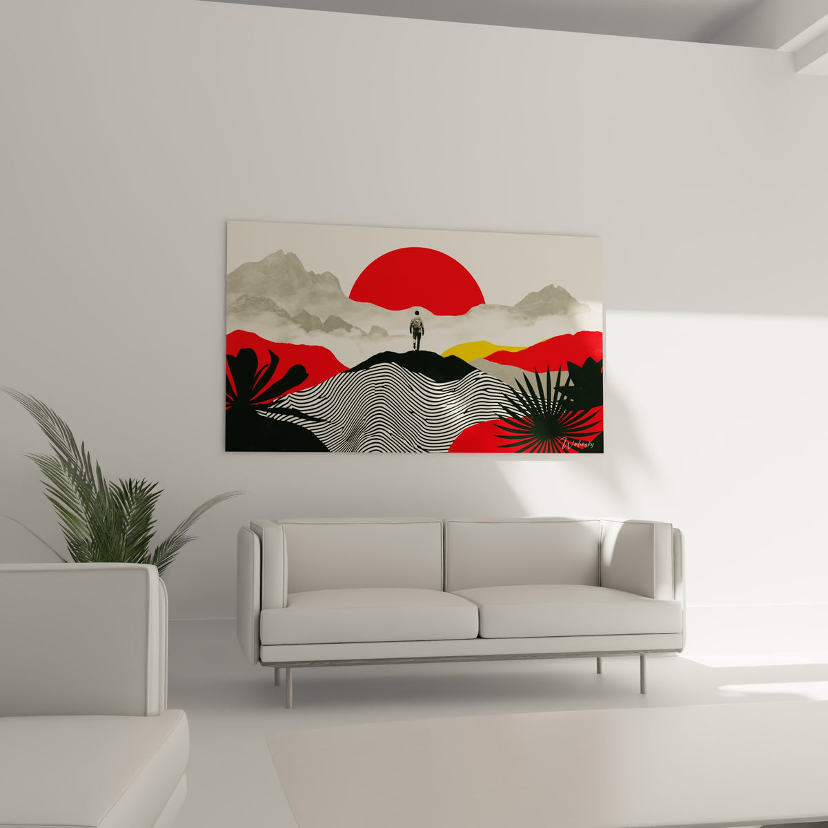 Silhouette du randonneur devant un disque rouge intense et reliefs gris, au-dessus d'un canapé dans un salon lumineux