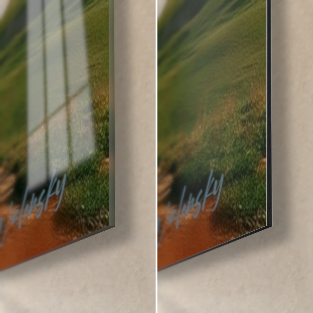 Wall art of a backpacker on a green hill, bottom right corner: glossy acrylic glass and matte Dibond aluminum, 3 mm edge