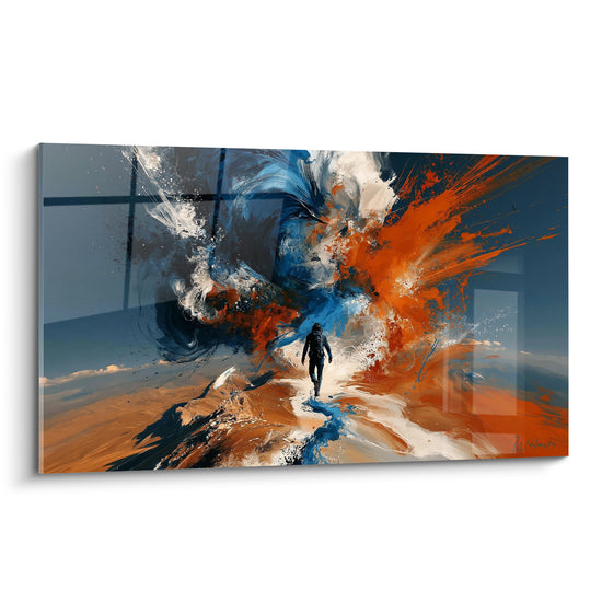Tableau Randonneur noir vers explosion bleue et orange - Nuage de peinture - Edition Randonnée