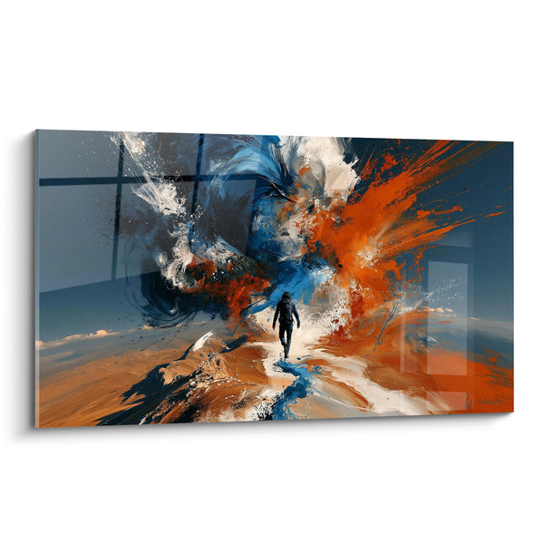 Tableau Randonneur noir vers explosion bleue et orange - Nuage de peinture - Edition Randonnée