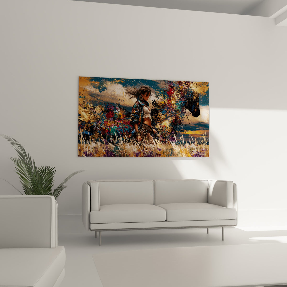 Femme au foulard ethnique entourée de touches ocre et bleu marine, au-dessus d'un canapé dans un salon lumineux