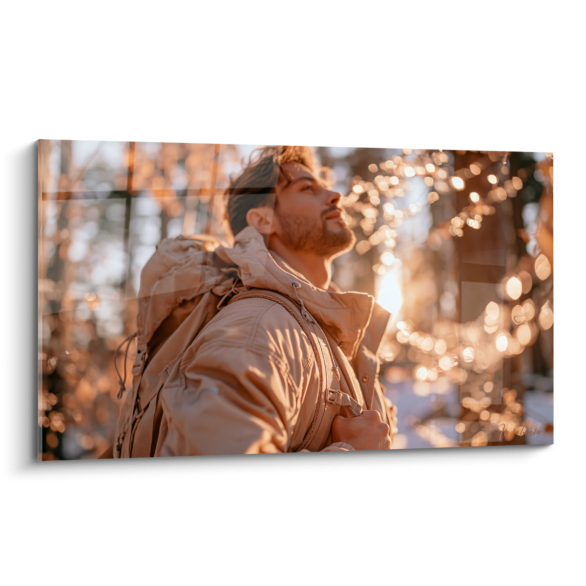 Gemälde eines Wanderers in beiger Jacke, der in einem Wald zu strahlend goldenem Licht emporblickt