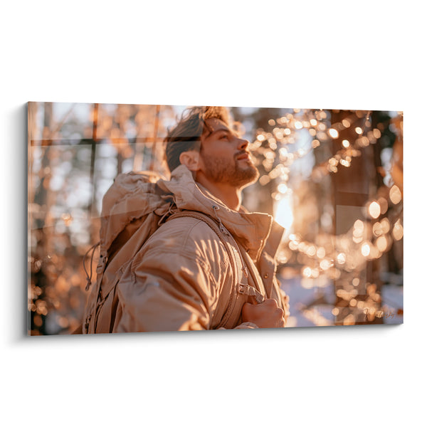 Gemälde Wanderer Rucksack beige goldenes Licht - Erwachen des kalten Morgens - Edition Wanderung