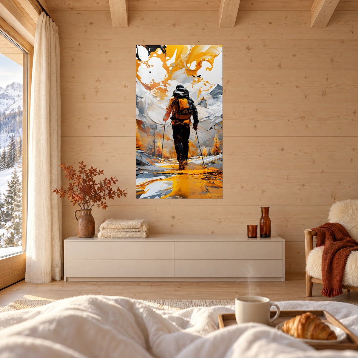 Schilderij bergbeklimmer van achteren met zwarte stokken op witte sneeuw en vloeiende gele verf, boven een bed in een lichte slaapkamer