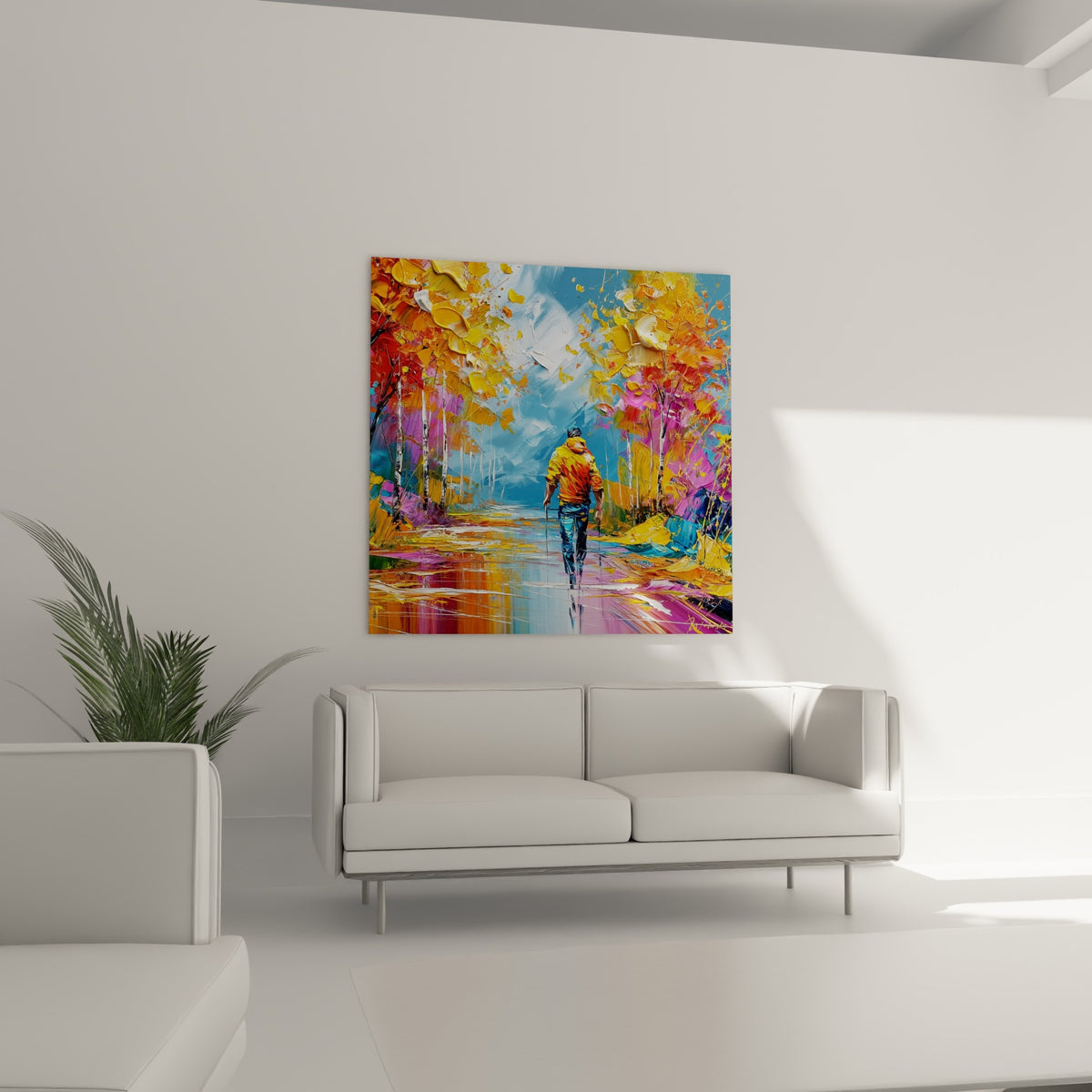 Marcheur en bleu marine et orange avançant vers un ciel lumineux, au-dessus d'un canapé dans un salon lumineux