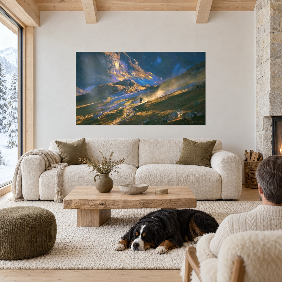 Wall art lone hiker on an ochre ridge, blue-tinted shadows and golden dust, a dog lying down, above a sofa in a bright living room