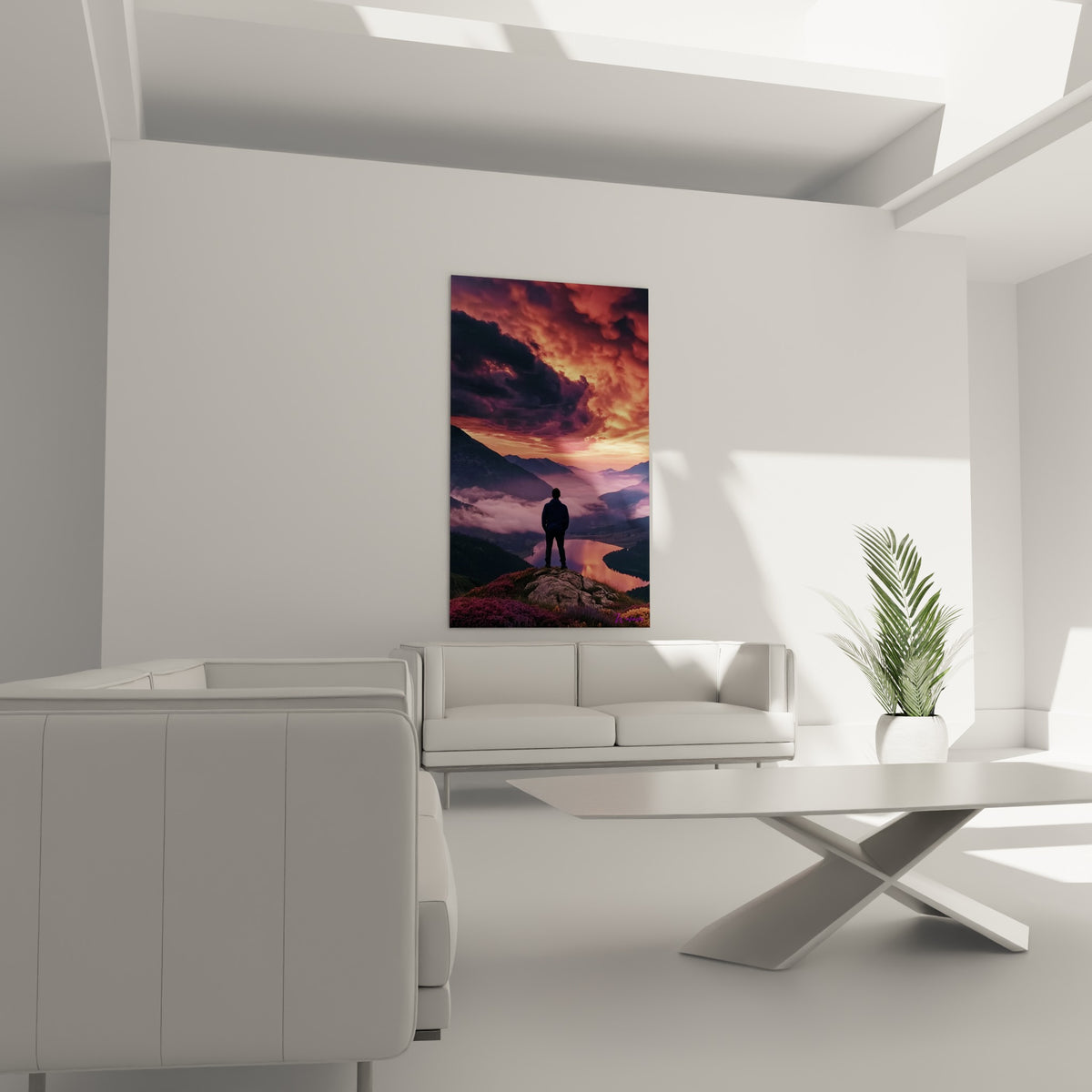 Marcheur face au ciel fauve et à la vallée rosée, accroché au-dessus d'un canapé dans un salon lumineux