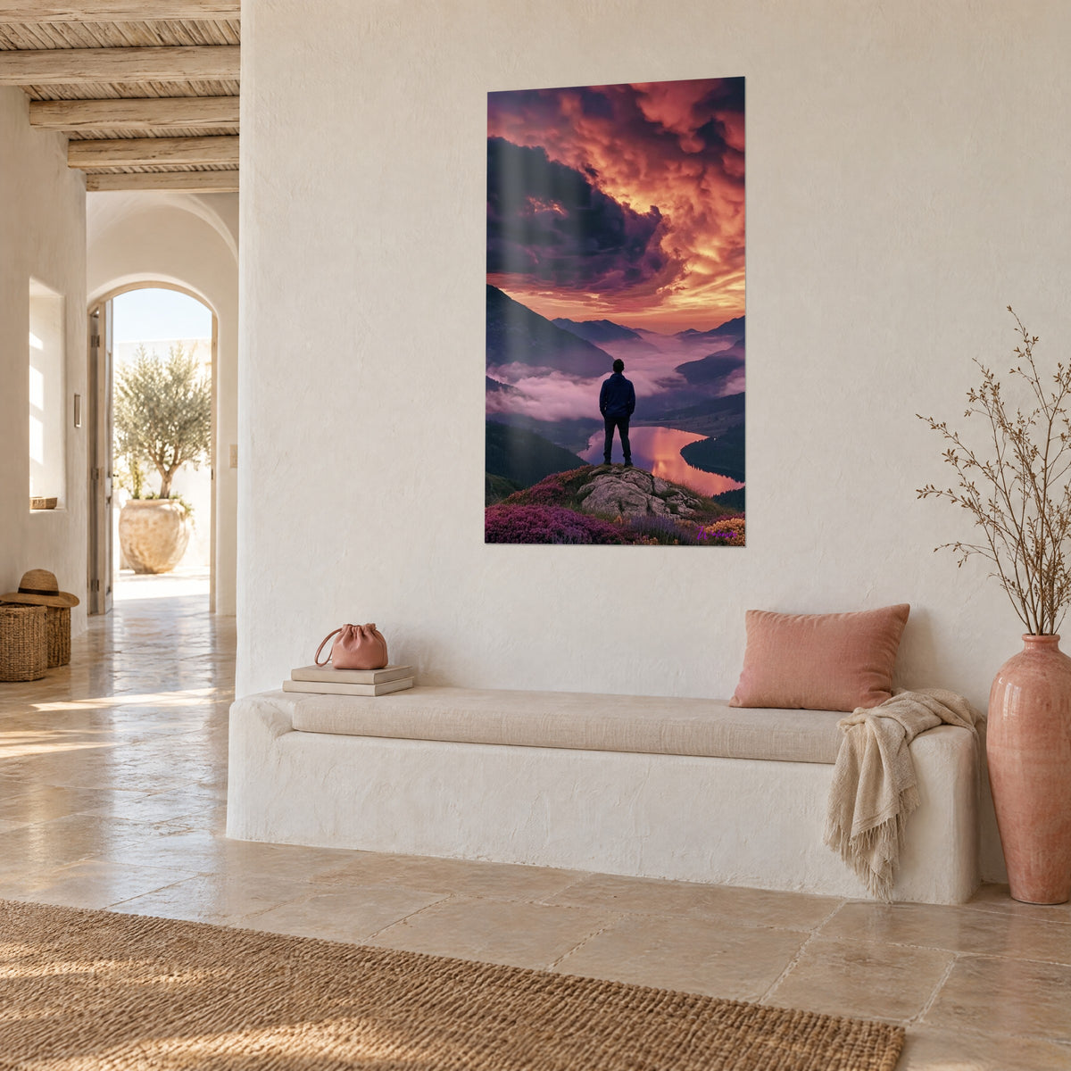 Schilderij silhouet op een rots boven een roze meer, koperkleurige en paarse lucht, driekwartaanzicht in een witte gewelfde gang