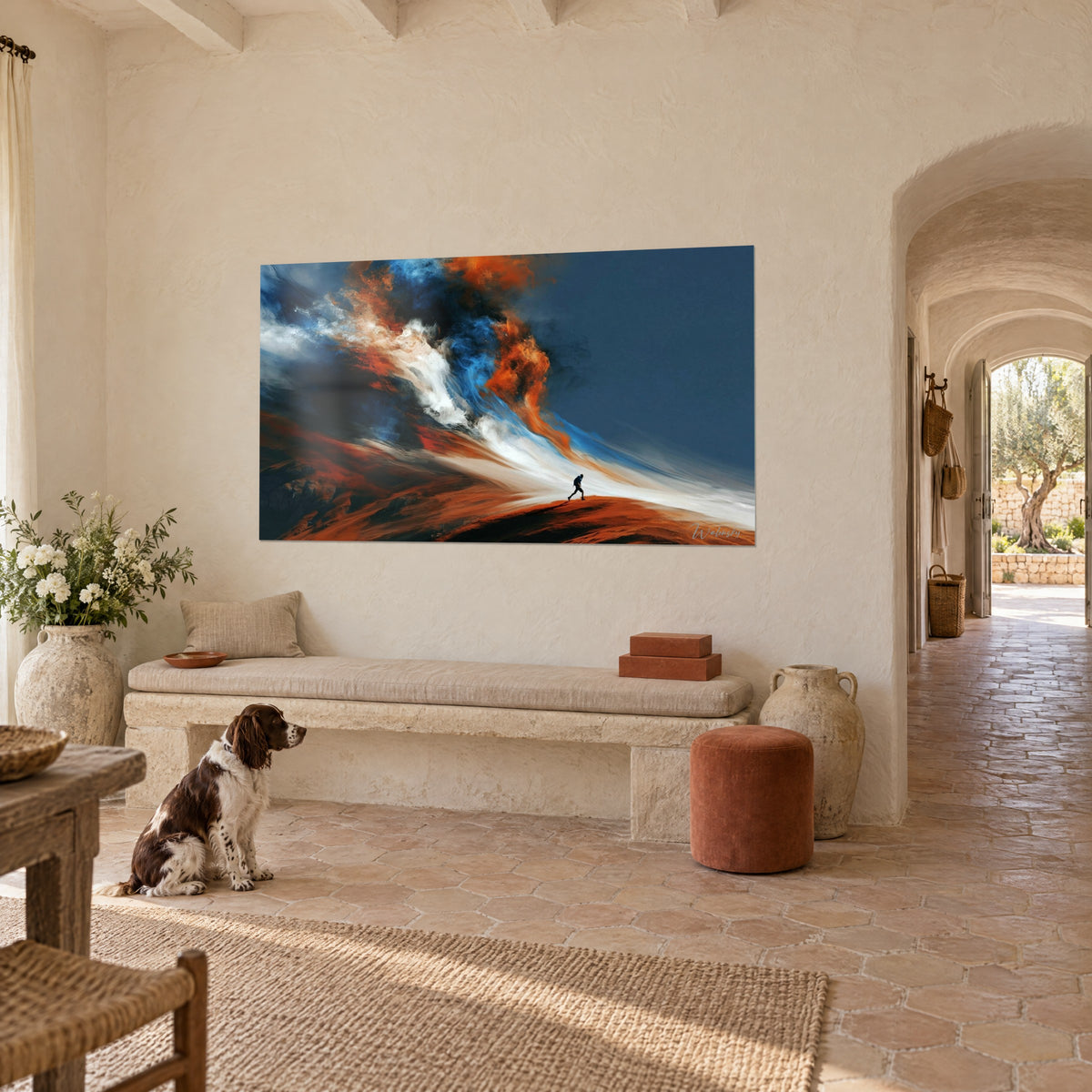 Wall art backpacker climbing a copper ridge, blue and white cloud, seated spaniel in front of a farmhouse wall