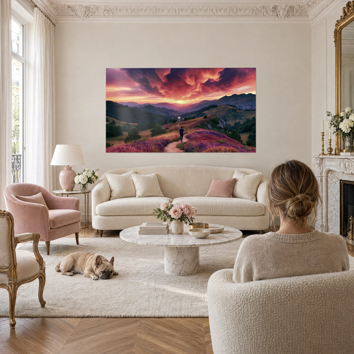 Wall art hiker in a blue t-shirt walking a trail through purple heather under a red sky, above a sofa in a bright living room