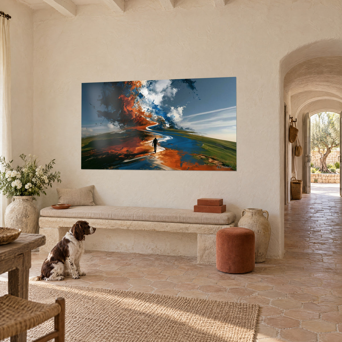 Wall art of a lone walker on a copper and cobalt path, sky like an explosive painting, spaniel sitting in front of a Provençal farmhouse