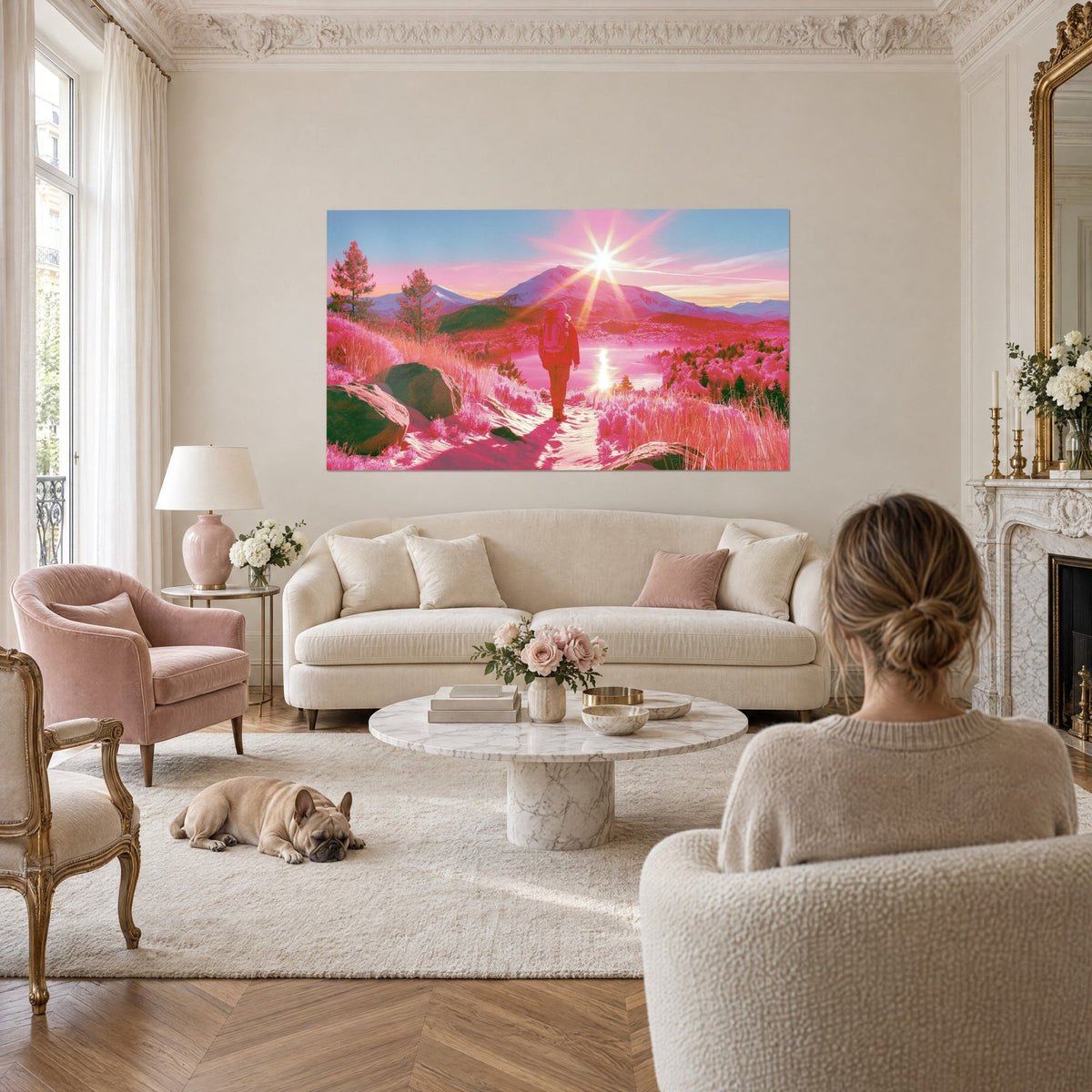 Gemälde Wanderer mit rosa Rucksack gegenüber der sternenklaren Sonne, goldener See und fuchsiafarbenes Gras, über einem Sofa in einem hellen Wohnzimmer