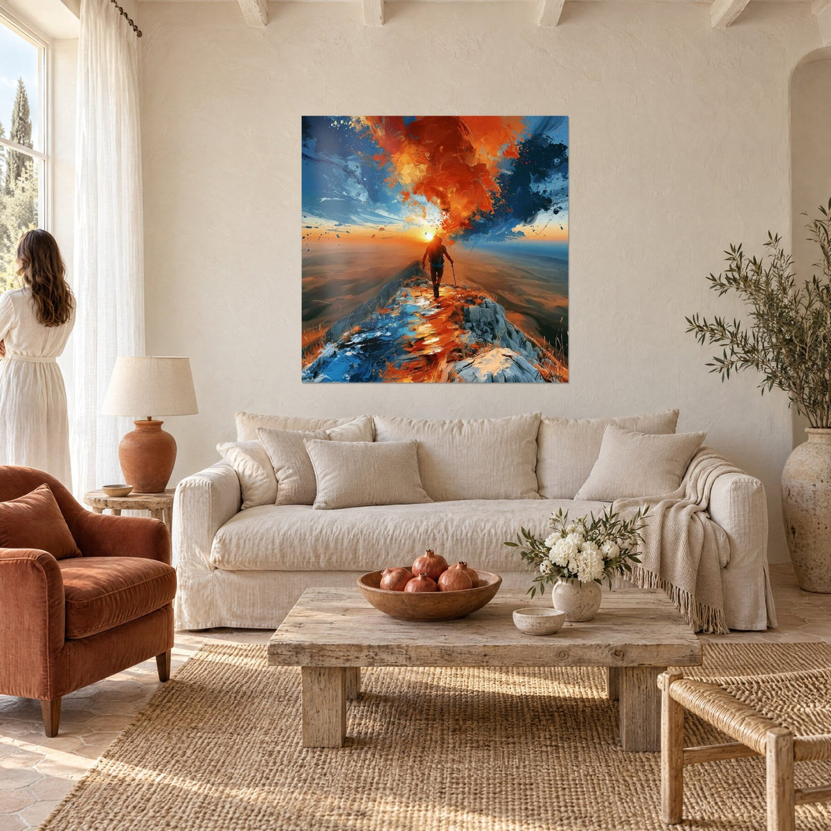 Wall art hiker seen from behind on a blue and orange ridge, rising sun and paint splashes, above a sofa in a bright living room