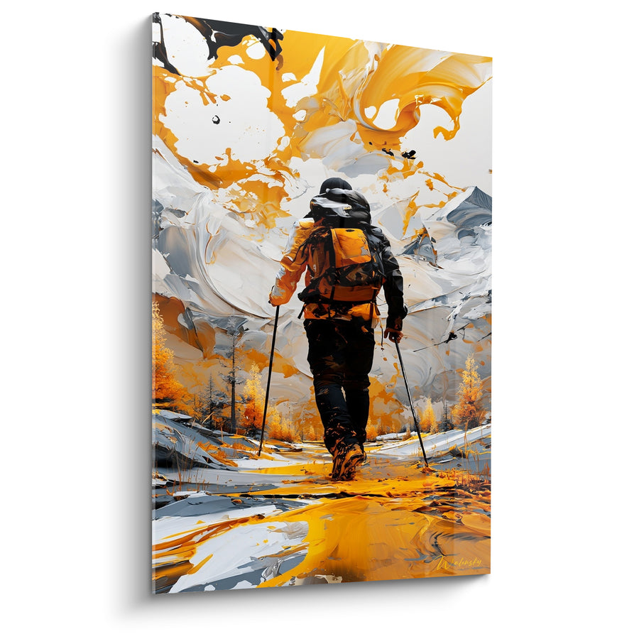 Tableau Randonneur bâtons jaune et blanc éclaboussé - Sentier de mélèzes automnaux - Edition Randonnée