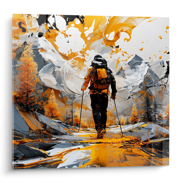 Tableau Randonneur bâtons ocre et blanc montagnard - Ascension solitaire - Edition Randonnée