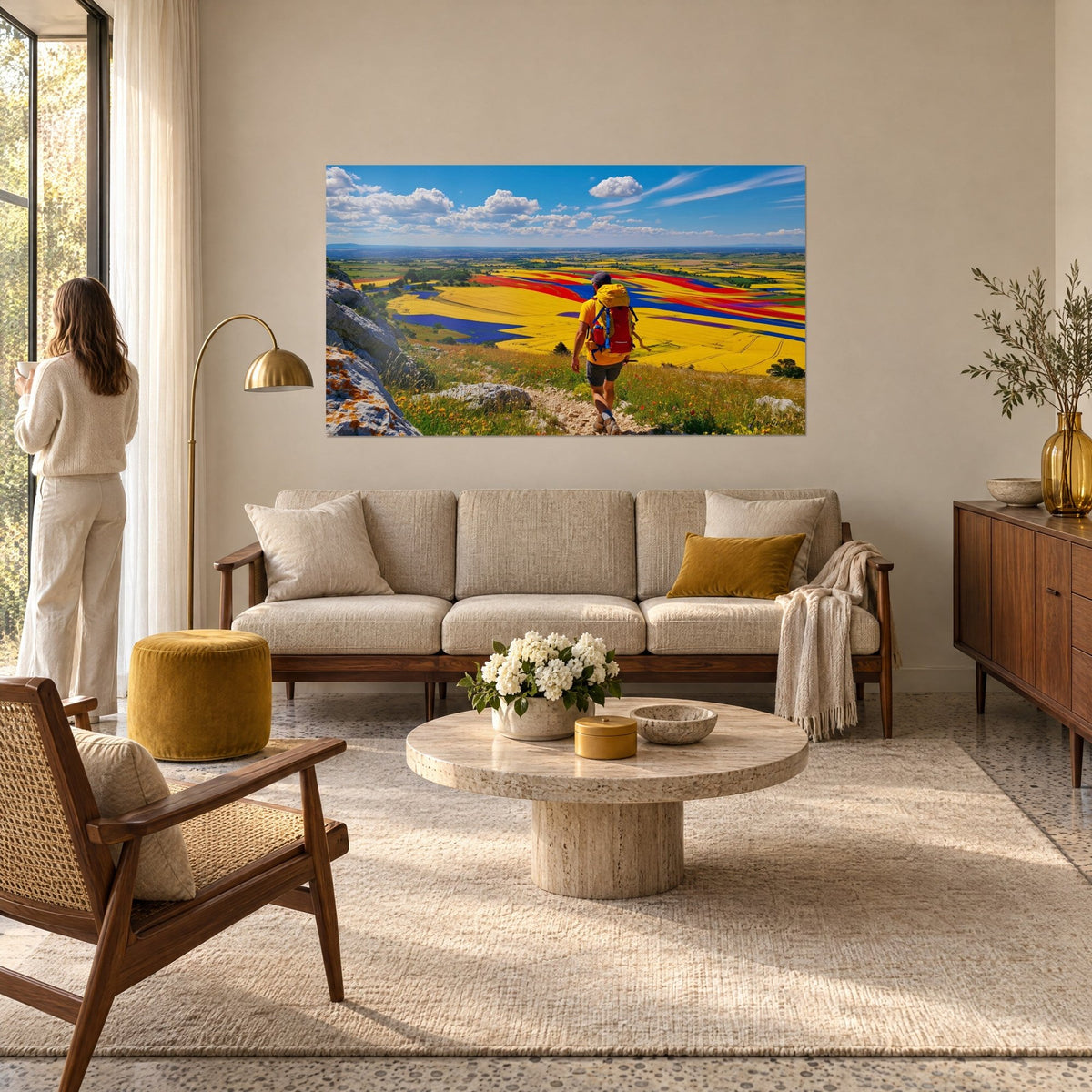 Tableau marcheur au sac rouge dévalant un sentier, champs jaune colza et bandes bleues, au-dessus d'un canapé dans un salon lumineux