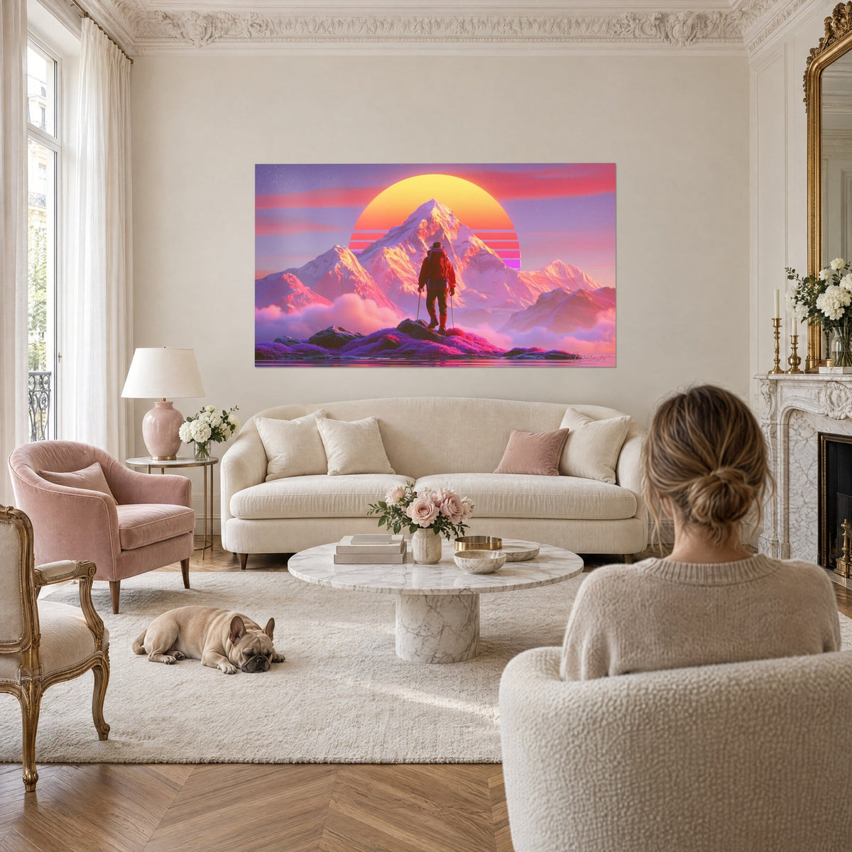 Tableau randonneur à sac rouge face au soleil orangé, cimes neigeuses roses, canapé crème, dans un salon lumineux