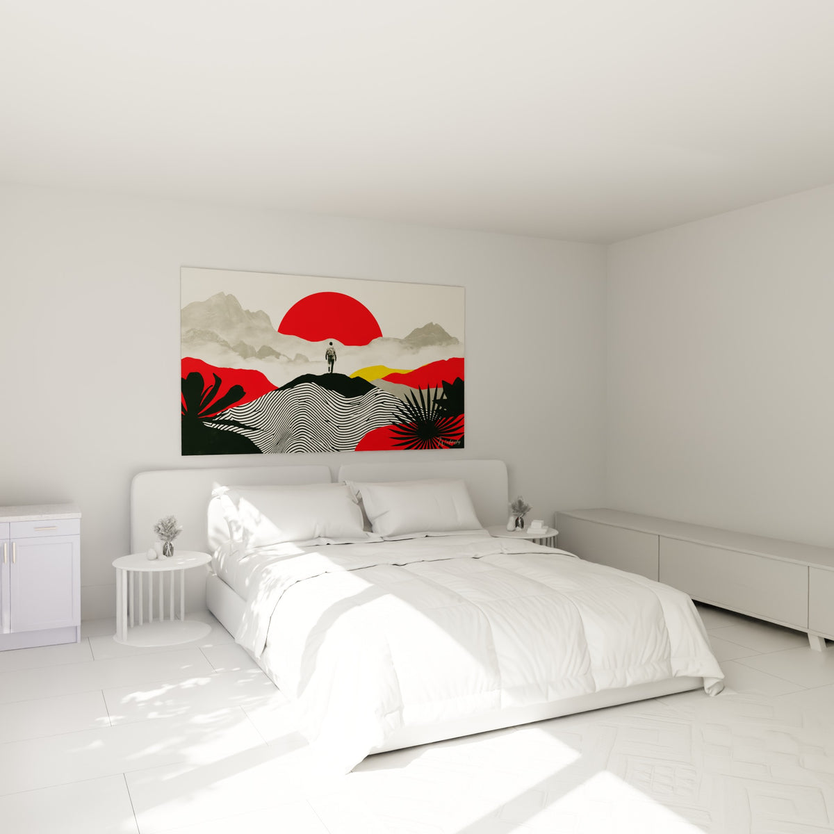 Marcheur solitaire face au soleil rouge et montagnes anthracite, au-dessus d'un lit dans une chambre claire