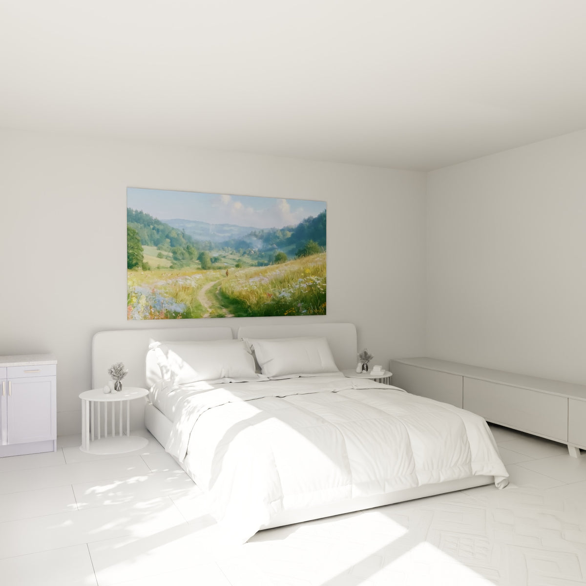 Marcheur isolé traversant une vallée verte et bleue, au-dessus d'un lit dans une chambre claire