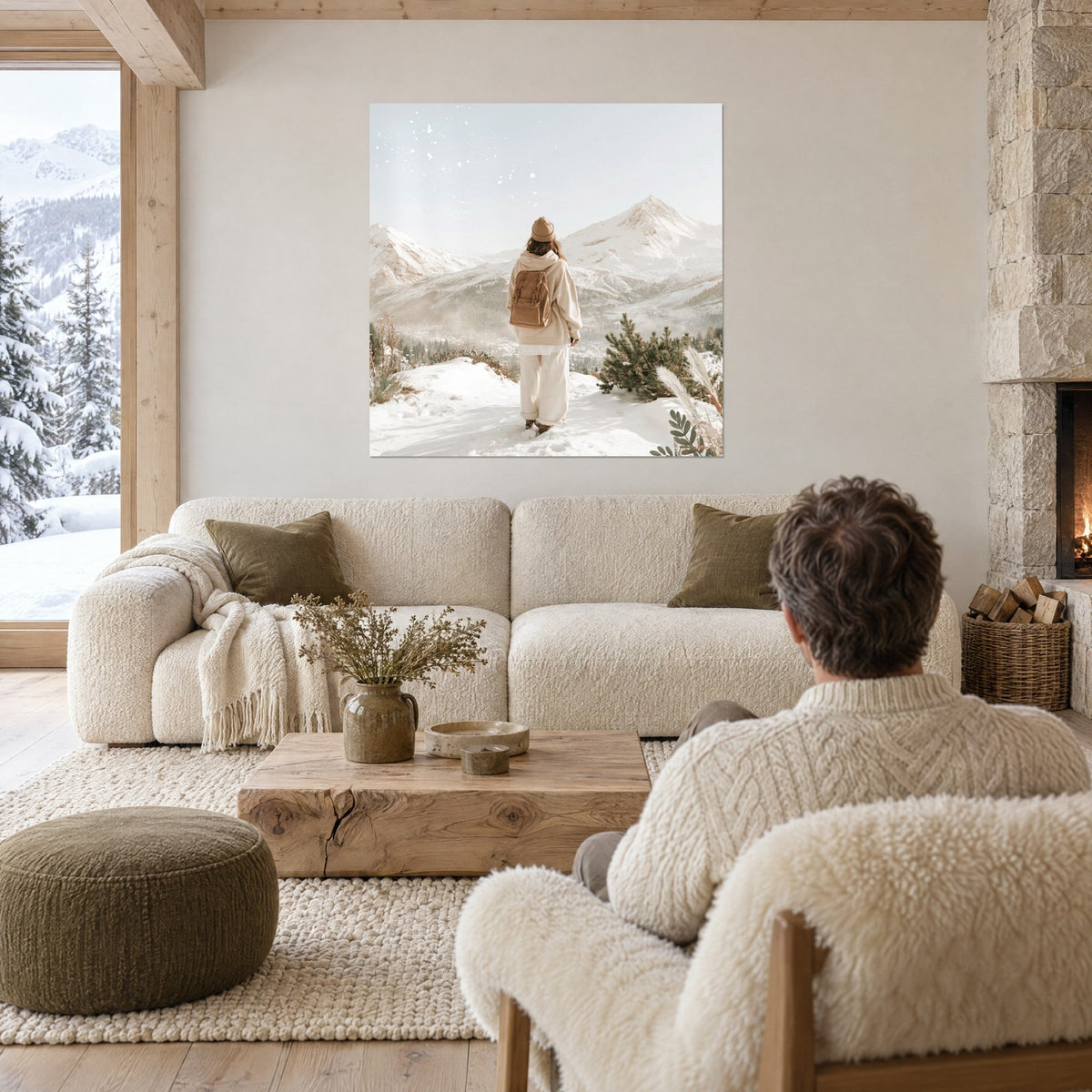 Tableau randonneuse en pull crème et bonnet camel face aux sommets enneigés, au-dessus d'un canapé dans un salon lumineux