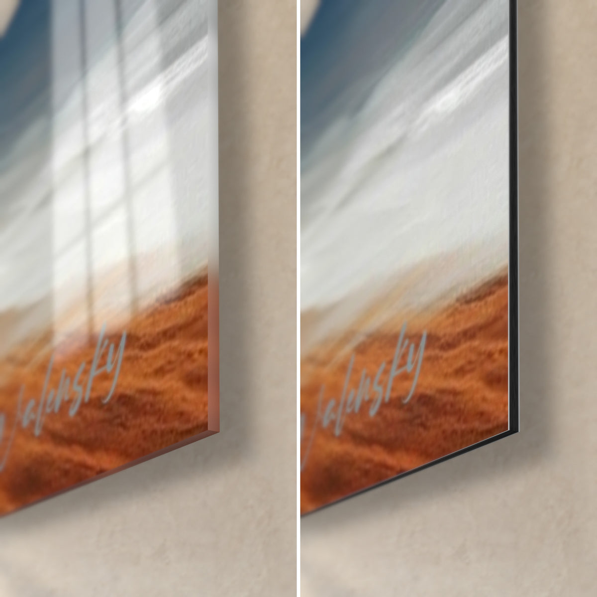 Wall art trekker silhouette on a rust hilltop, glossy glass corner at bottom left and matte Dibond on the right, 3 mm edge