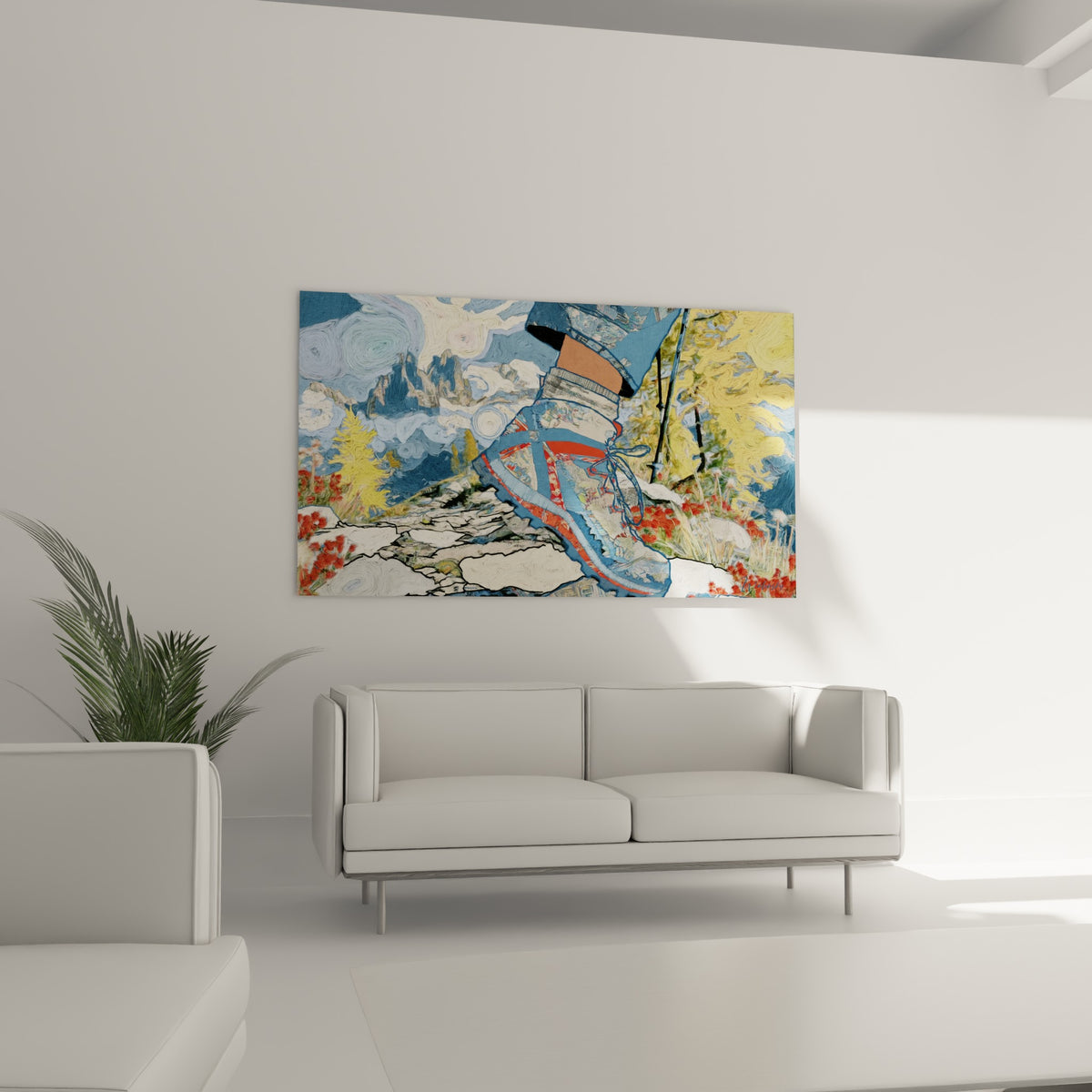 Pas de randonnée sur sentier rocheux ocre et bleu, au-dessus d'un canapé dans un salon lumineux