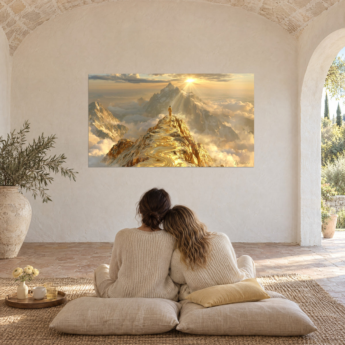 Schilderij top badend in goud onder een verblindend hemellichaam, beige wolken en oranje lucht, omhelsd stel op kussens onder een stenen gewelf