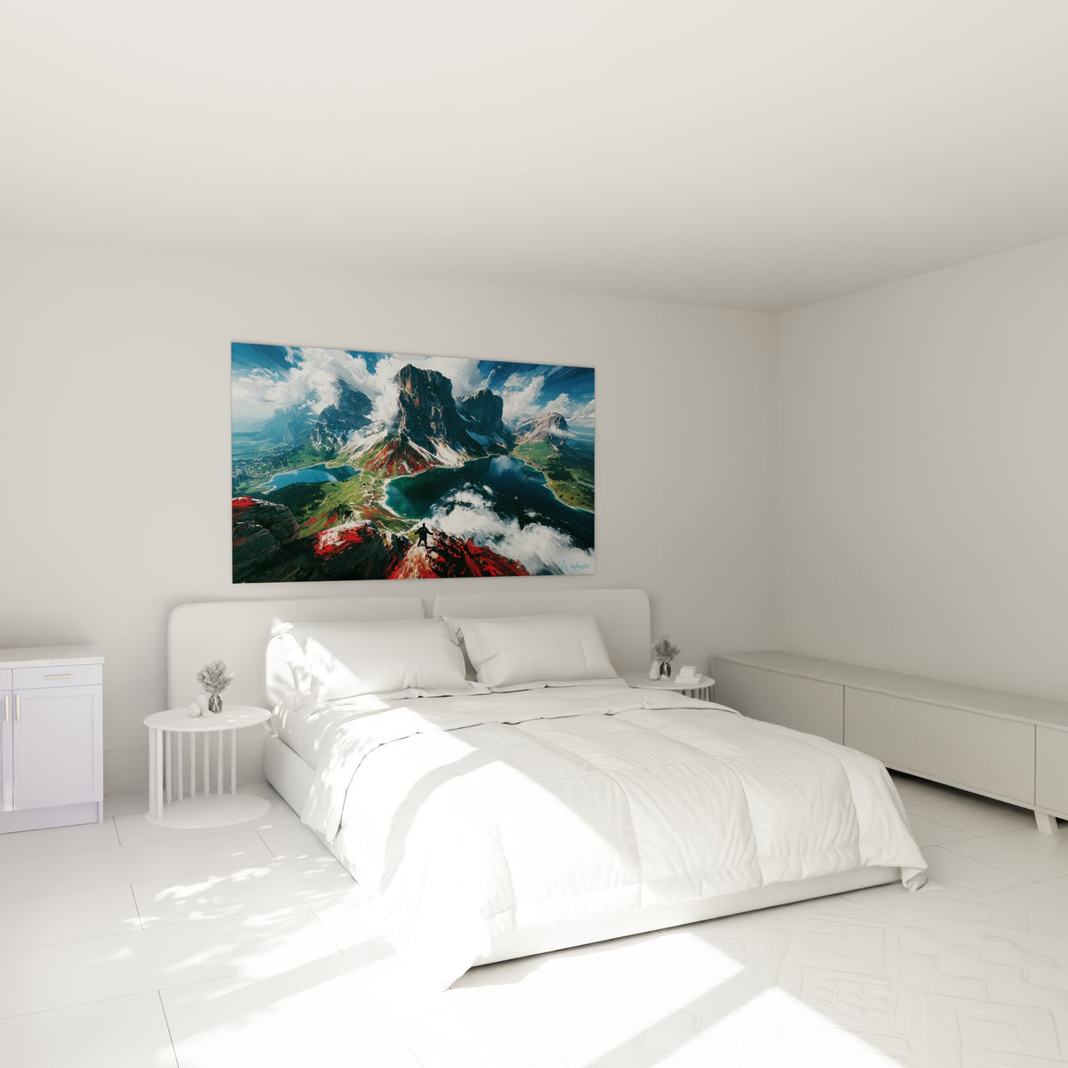 Sommet rocheux terracotta et lacs émeraude peints au-dessus d'un lit dans une chambre claire