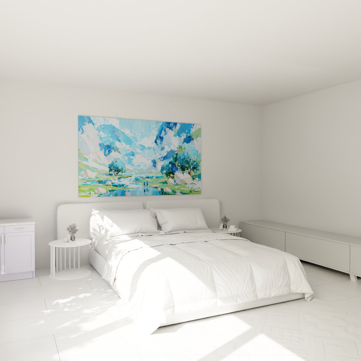 Randonnée en montagne bleu ciel et vert tendre au-dessus d'un lit dans une chambre claire