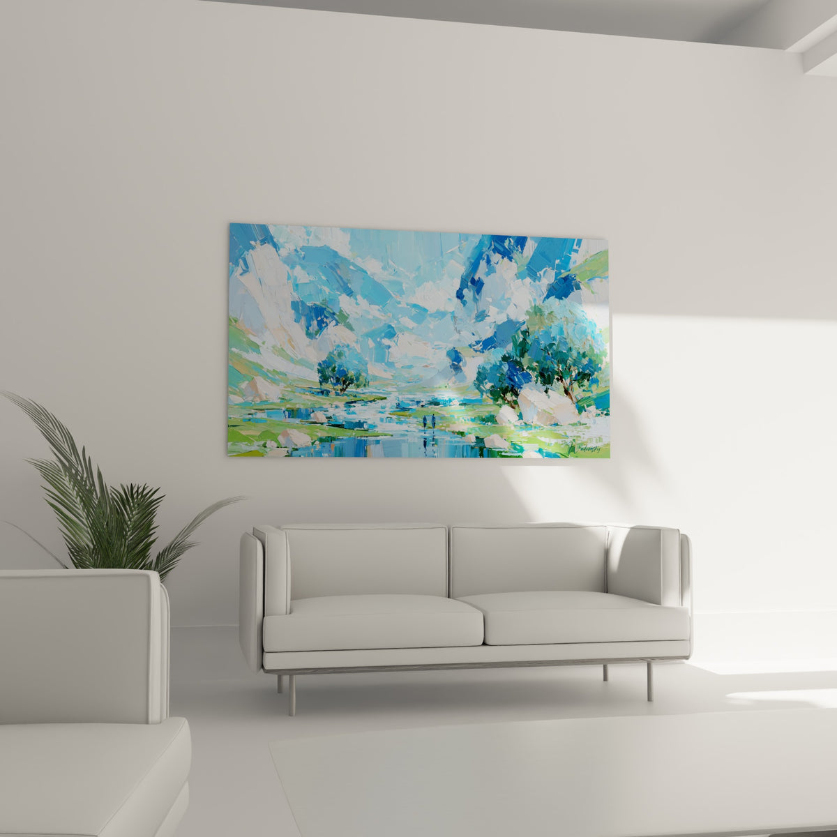 Marcheurs bleutés traversant un paysage vert émeraude et bleu glacier au-dessus d'un canapé dans un salon lumineux