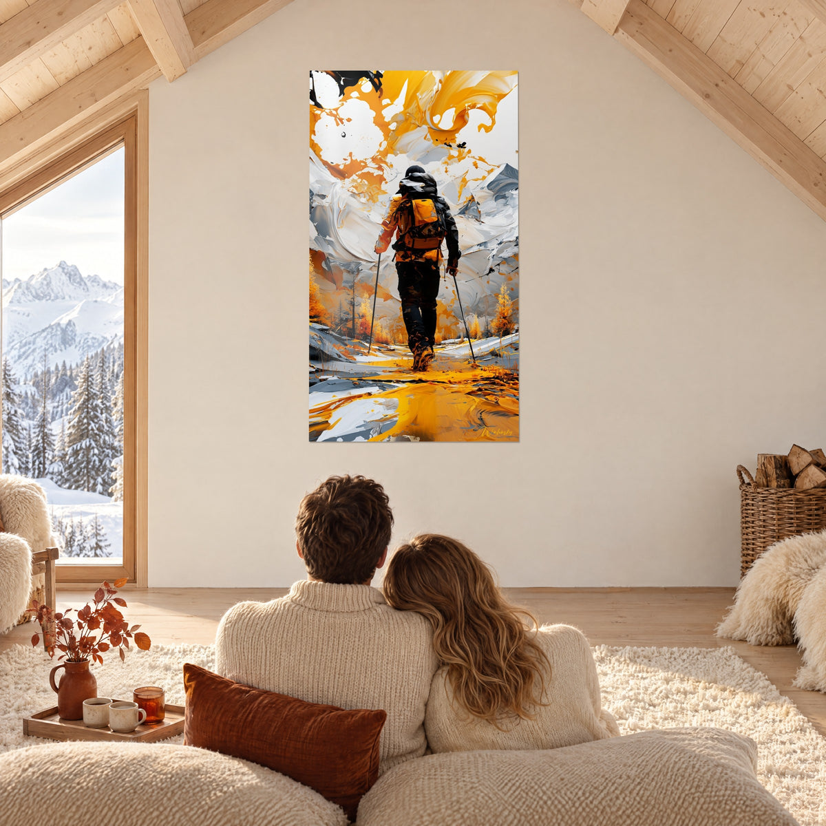 Schilderij reiziger met wandelstokken in een landschap van goudgele en witte deeg, koppel omarmd van achteren, onder het dakgebint van een chalet