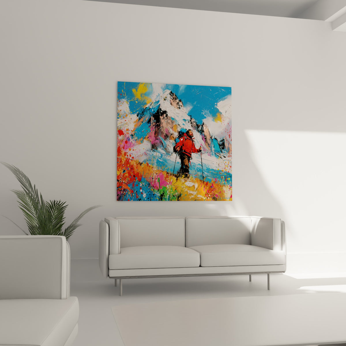 Marcheur solitaire aux couleurs vives et sommet anthracite, au-dessus d'un canapé dans un salon lumineux