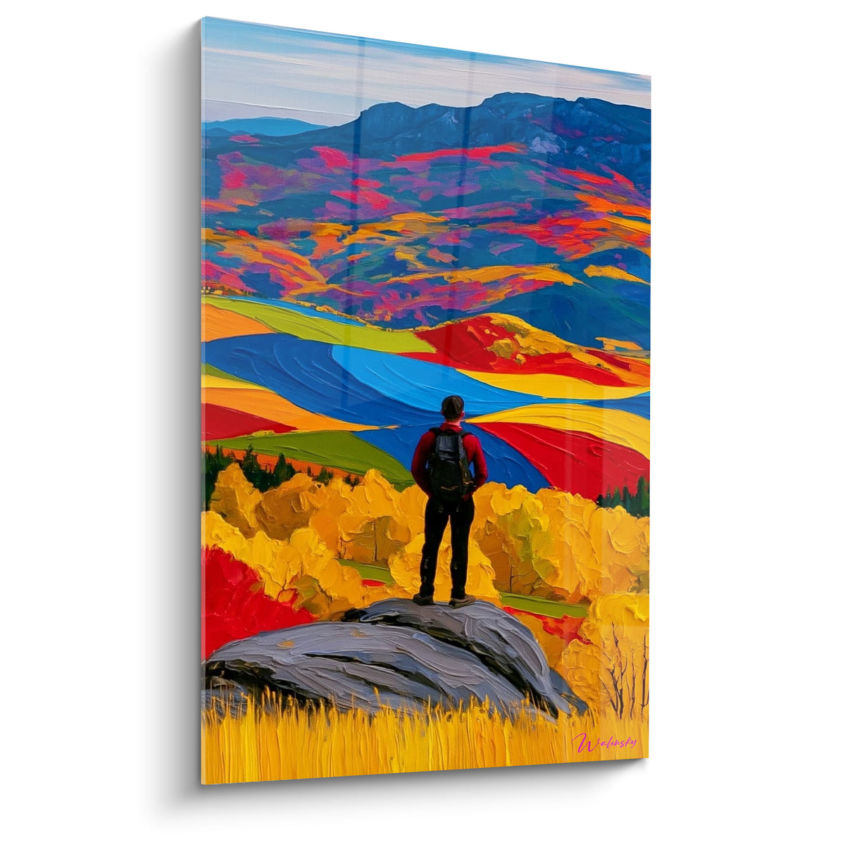 Schilderij wandelaar in rood staand op een grijze rots, marineblauwe en okerkleurige dalen in fauvistisch doek