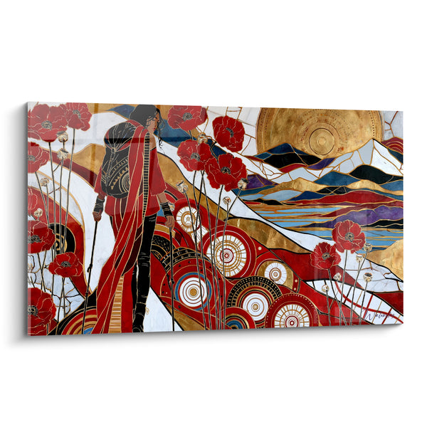 Tableau Randonneuse rouge et or aux coquelicots - Marche vers l'horizon - Edition Randonnée
