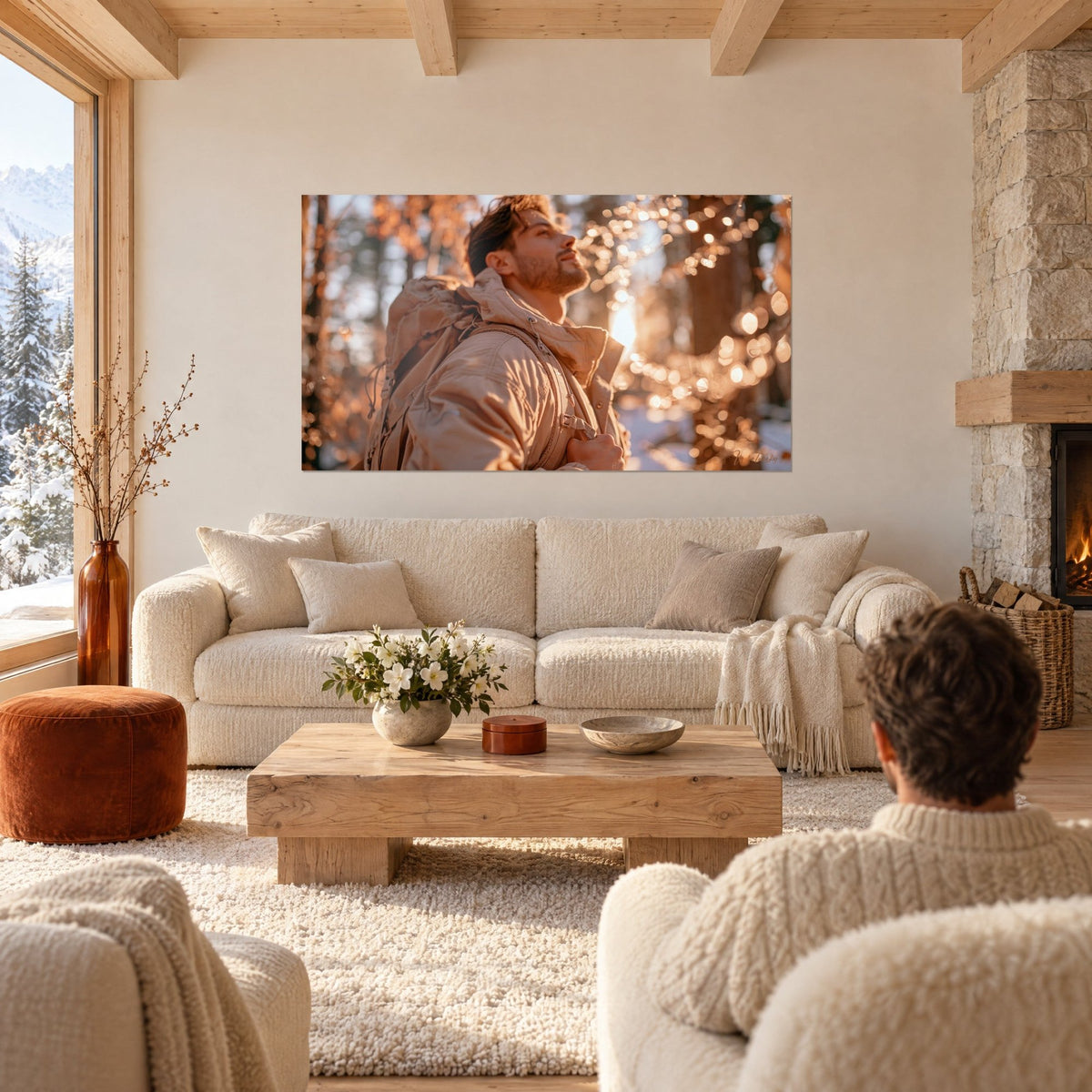 Gemälde eines bärtigen Wanderers mit beigem Rucksack, der zu einer goldenen Sonne aufblickt, bernsteinfarbenes Bokeh, über einem Sofa in einem hellen Wohnzimmer