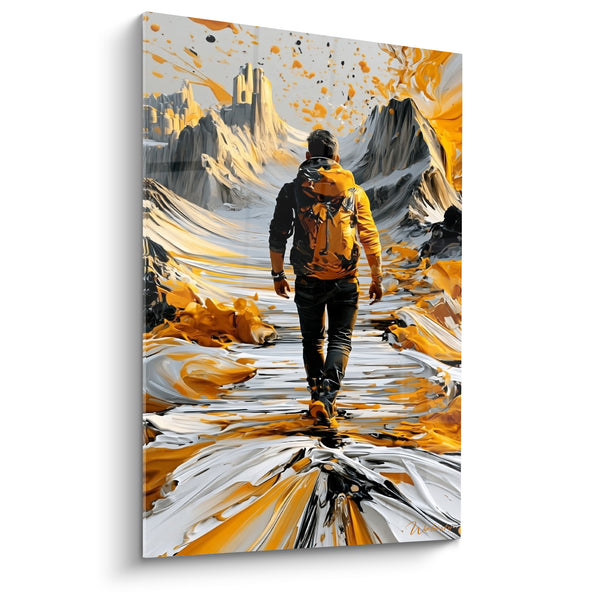 Tableau Randonneur au sac à dos jaune moutarde - Solitude en marche - Edition Randonnée