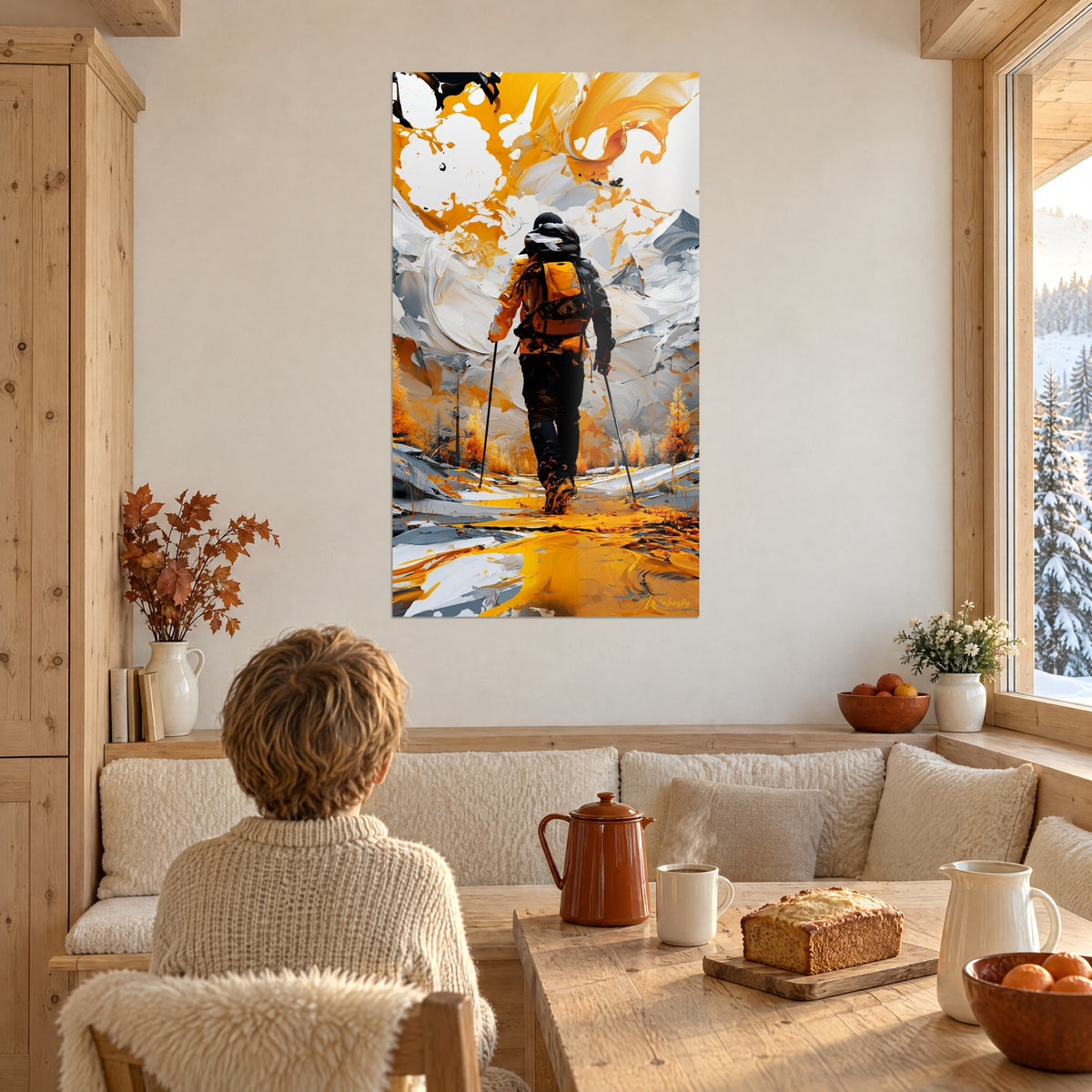 Schilderij trekker met oranje rugzak op een helder geel en parelgrijs bergpad, kind van achteren op de voorgrond, in een woonkamer van een chalet van licht hout