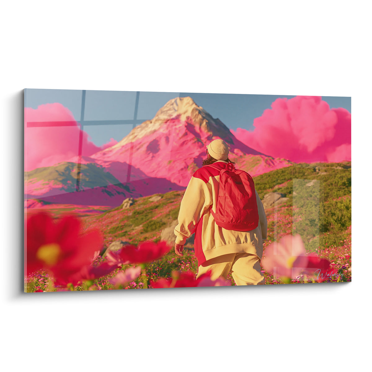 Randonneur au sac rouge marchant vers un sommet rose fauve et ciel bleu pastel