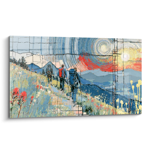 Tableau Randonneurs sacs bleu et rouge vers deux soleils tourbillonnants - Fleurs rouges en pente - Edition Randonnée