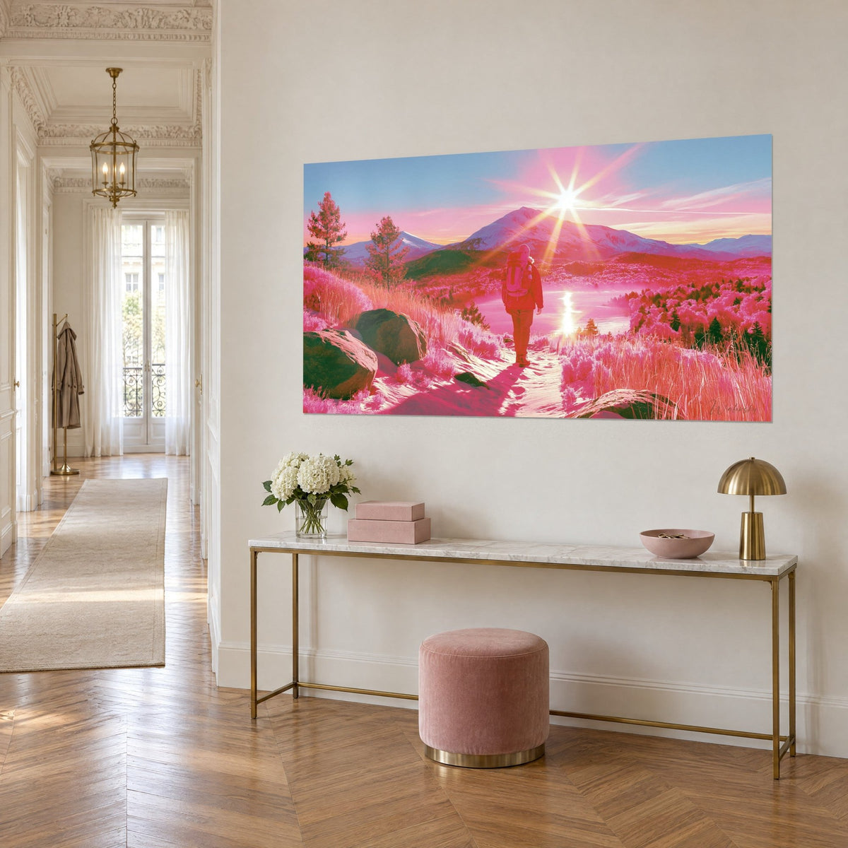Gemälde verschneiter Pfad zu einem rosa und goldenen See, weiße Gipfel und kupferfarbene Kiefern, schräg aus Dreiviertelansicht in einem Haussmann-Flur