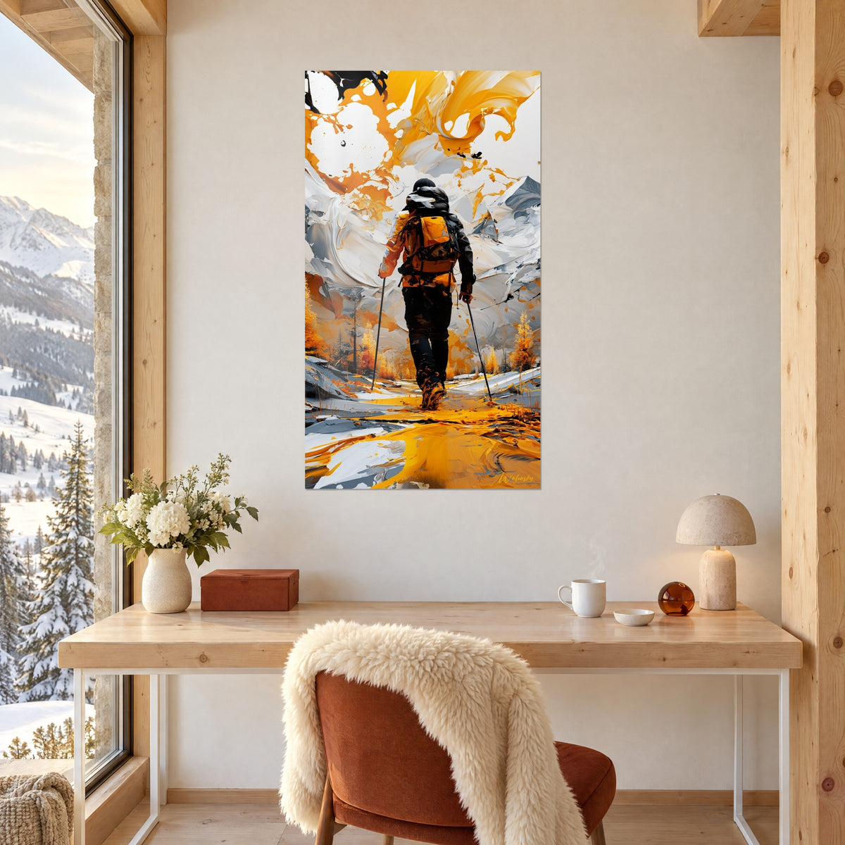 Schilderij silhouet van een zwarte en oranje wandelaar tussen amberkleurige lariksen en witte toppen, opgehangen boven een bureau van licht hout