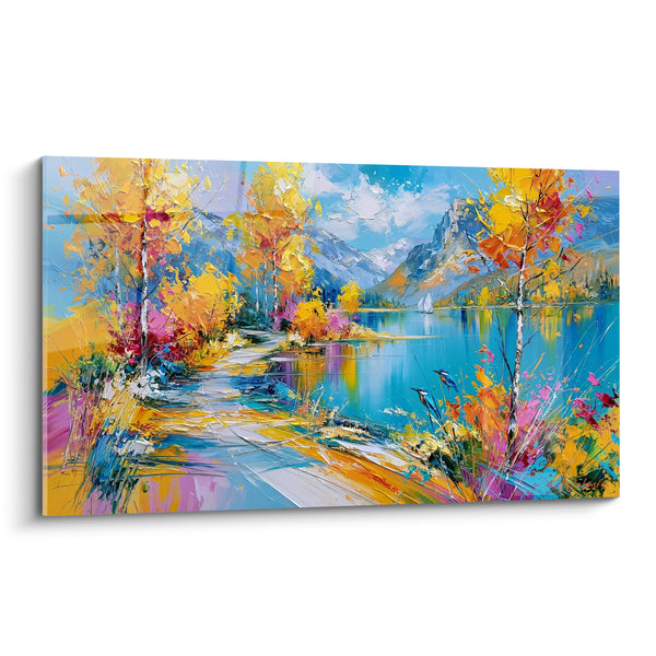 Tableau Sentier lacustre doré et bleu turquoise - Échappée automnale - Edition Randonnée